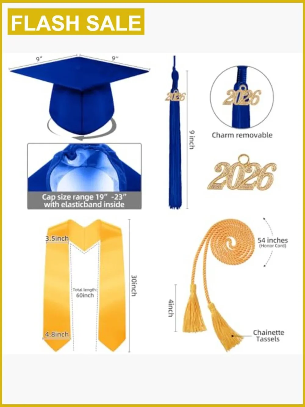 2026 Graduation Gown Cap Tassel Stole Honor Cord Set Unisex Size 51
